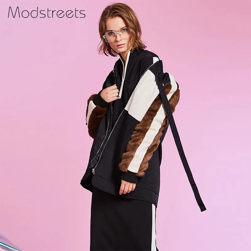 

Modstreets Women Short Jacket Faux Fur Sleeved Jackets Color Block Long Sleeve Female Outerwears Jackets 2017 Winter Warm Coat