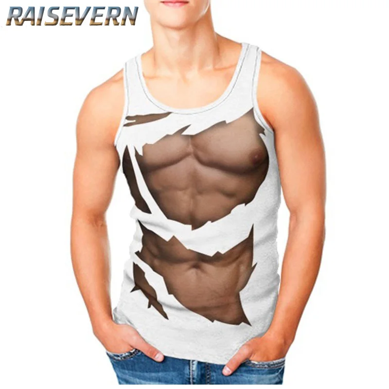 

RAISEVERN Men 3D Fake Muscle Vest Men's Bodybuilding Tank Top Tee Sportwear Plus Size Male Summer Beach Wear Funny Men Clothing