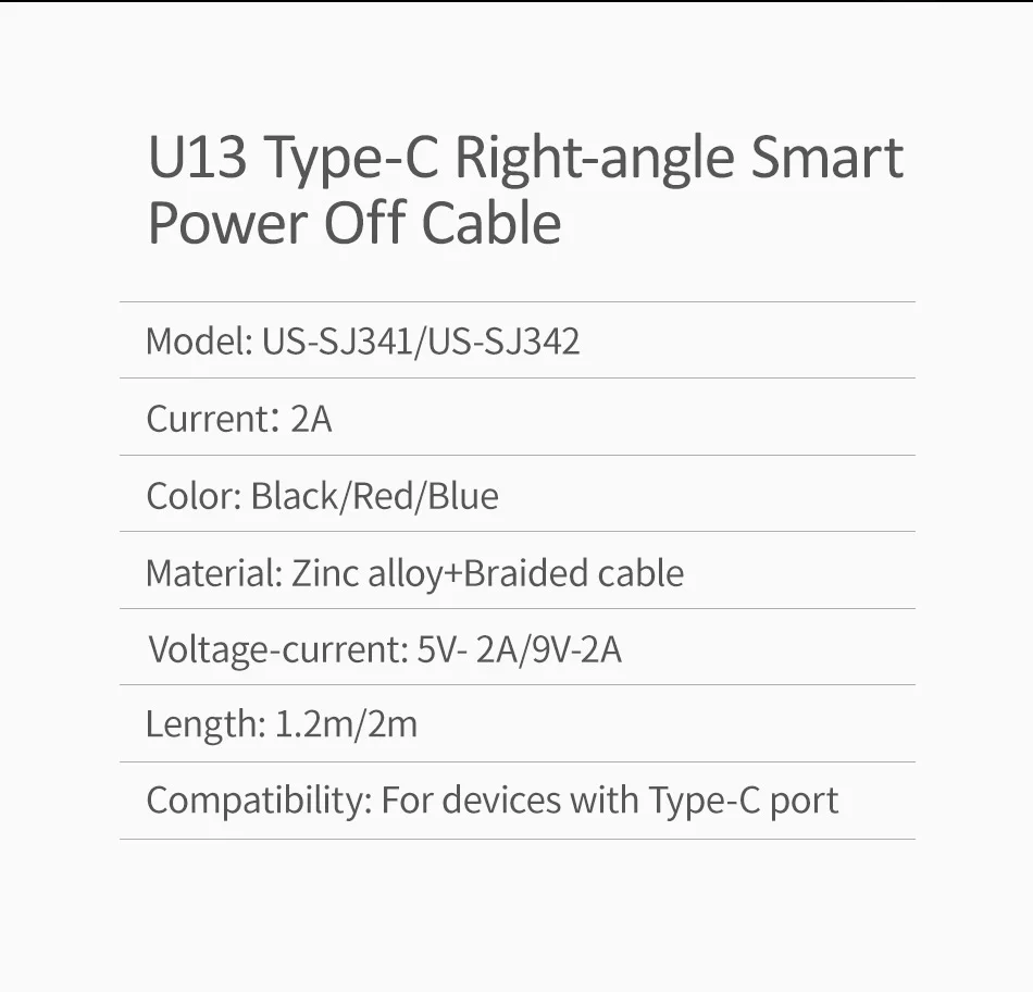 USAMS Automatic power-off Type C Cable 90 Degree Fast Charging usb c cable Type-c data Cord Charger usb-c for Samsung Xiaomi AF