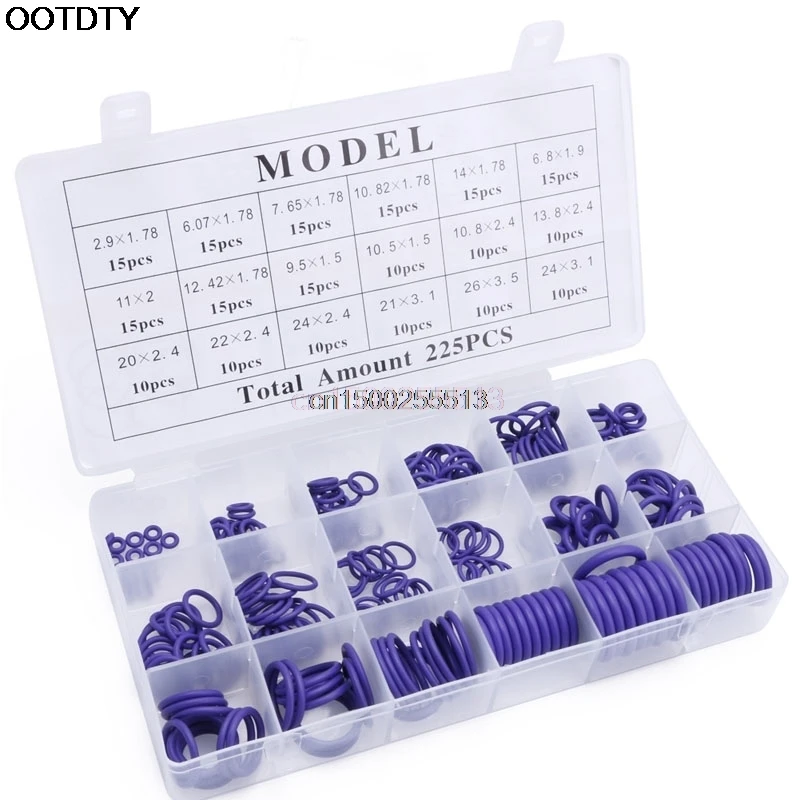 

225Pcs Seal O-ring R22 R134a Air Conditioning O-Ring Rubber Washer Assortment Purple black green