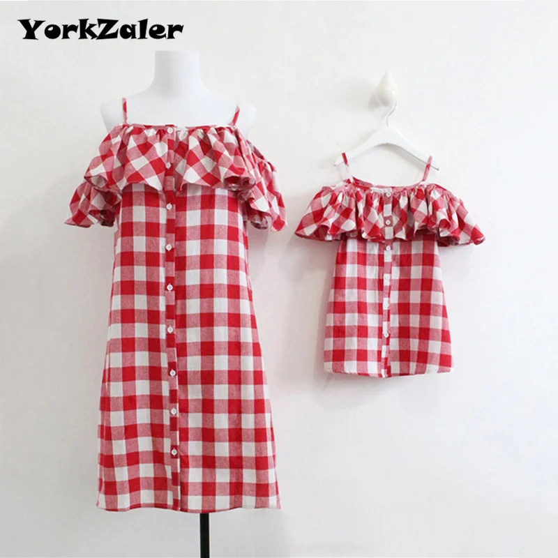 

YorkZaler Matching Mother Daughter Dresses 2019 Spring Ruffle Off Shoulder Spaghetti Strap Red White Plaid Dress Family Look