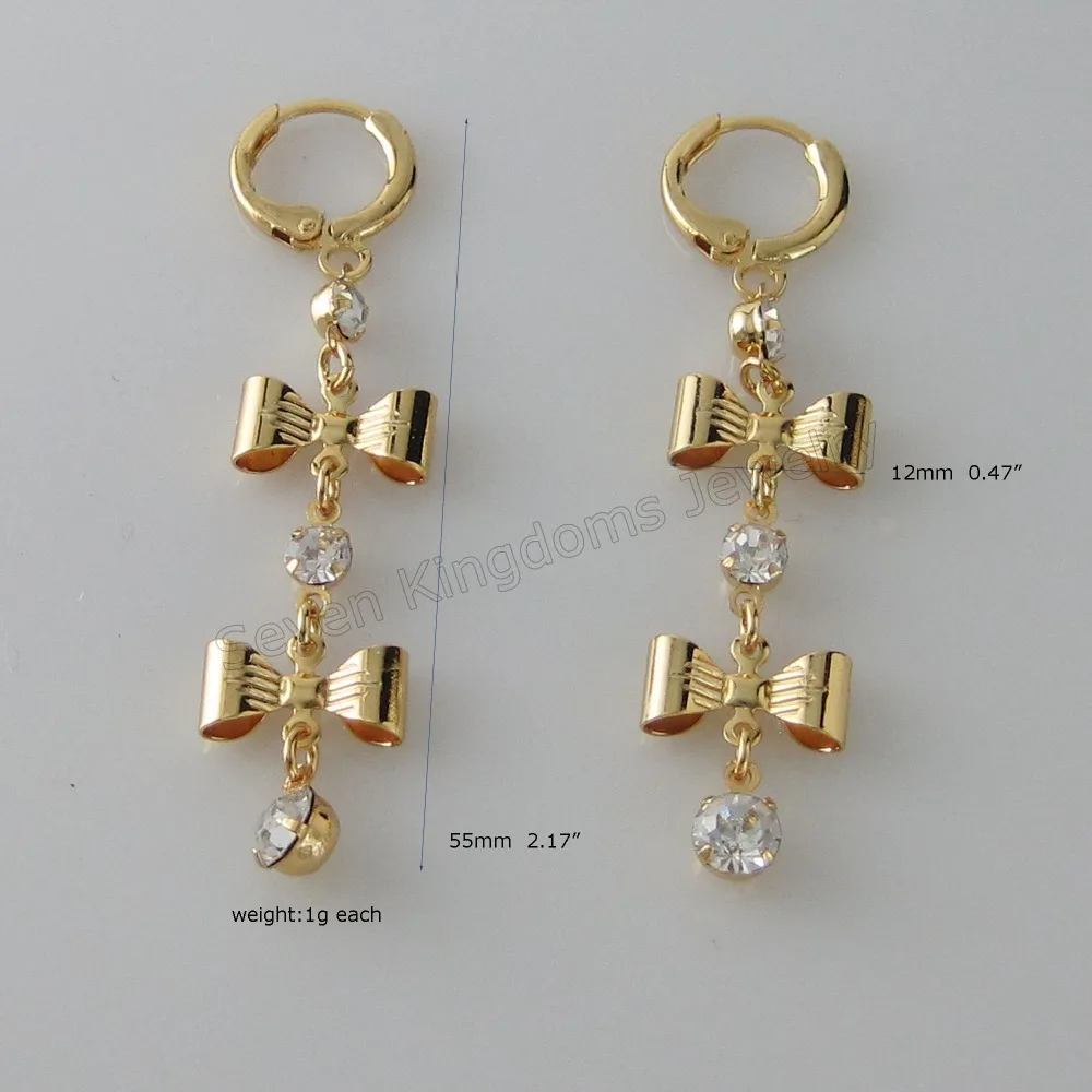 

MIN ORDER 10$/Can Mix Design/ BUTTERFLY KNOT PATTERN DANGLE EARRING - YELLOW GOLD GP FILLED ZIRCON STONE TALL 55MM 2.17"