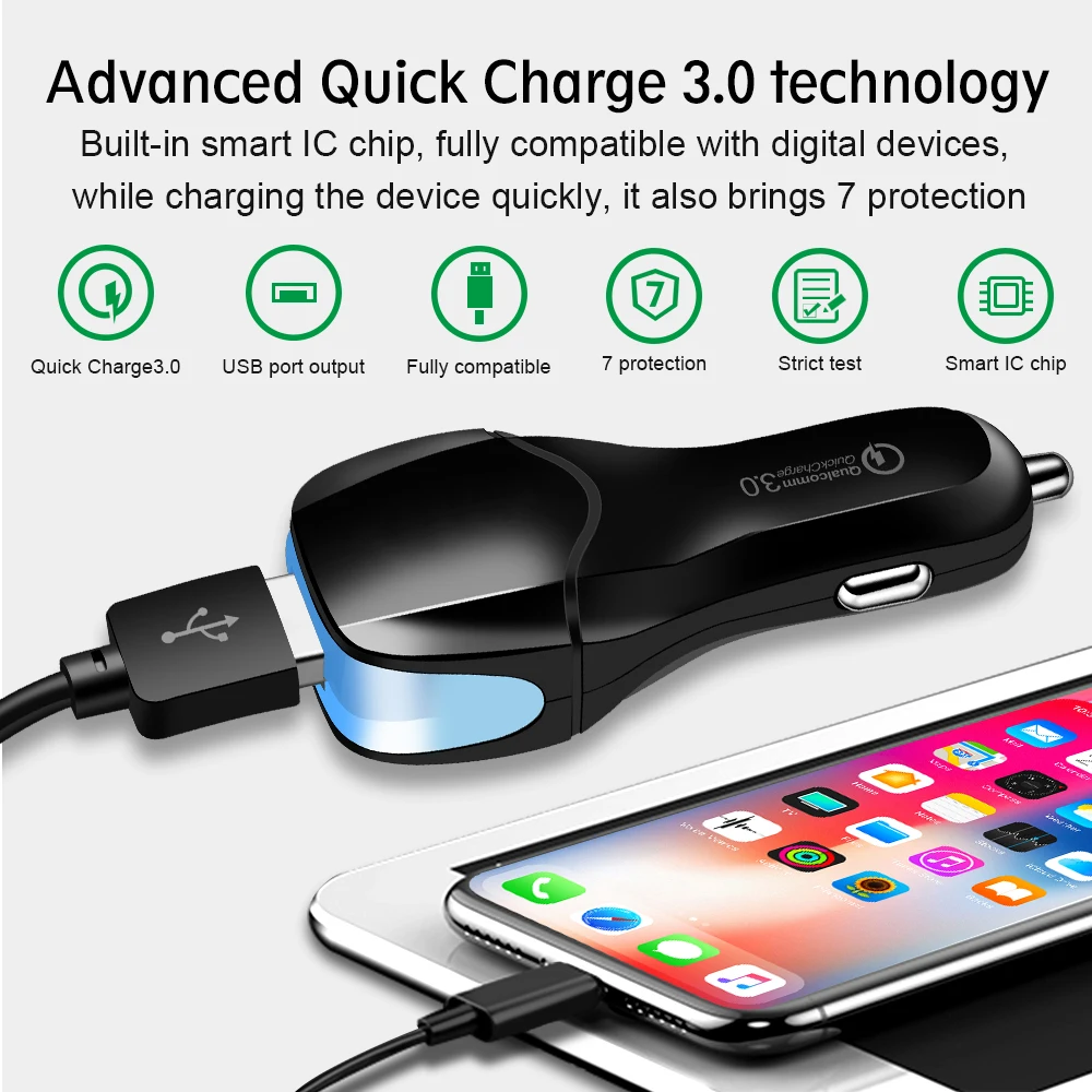 Зарядных порта USB для автомобиля Зарядное устройство Quick Charge 3,0 Универсальный светодиодный автомобиль-Зарядное устройство адаптер для iPhone samsung xiaomi с 3-в-1 кабель быстрой зарядки страховочный трос