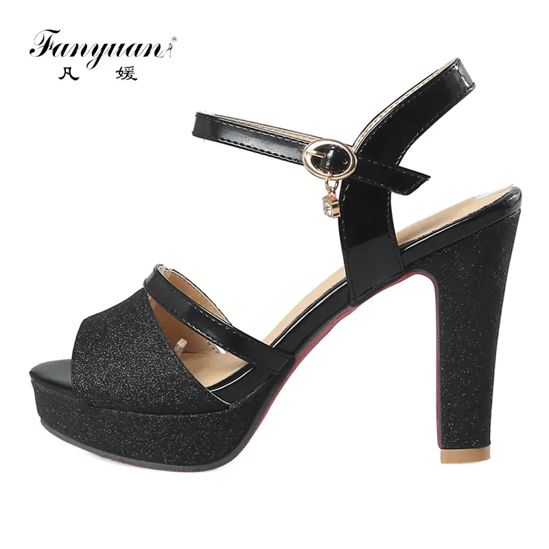 

Fanyuan Brand Sandals Women Peep Toe Chunky Heels Women Summer Shoes Sexy Glitter Party Heels Women Wedding Sandals Gold Silver