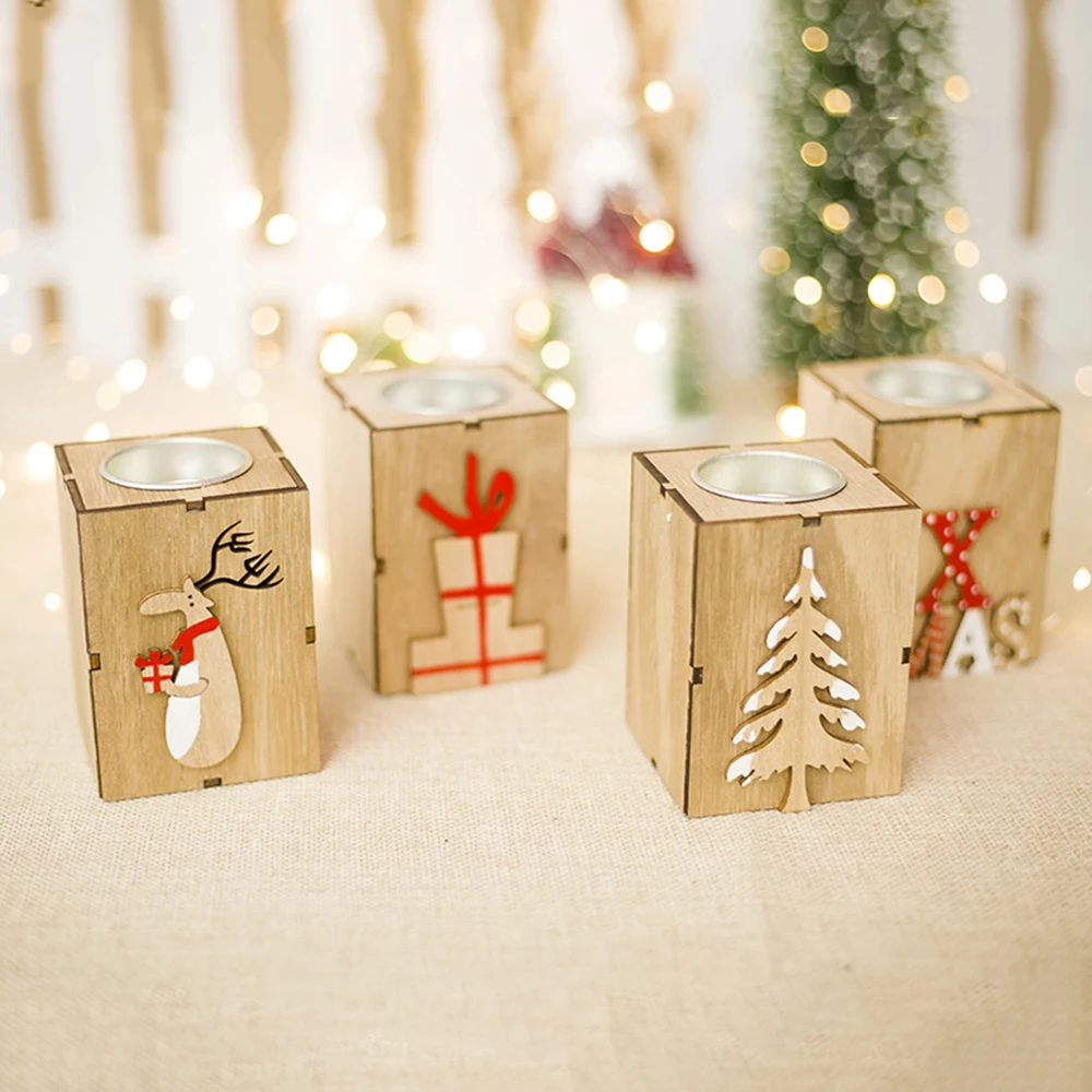 

4 Styles Merry Christmas Wooden Candlestick Decoration Ornaments Mini Christmas Candle Holder Wood With Gift Box Letter Deers