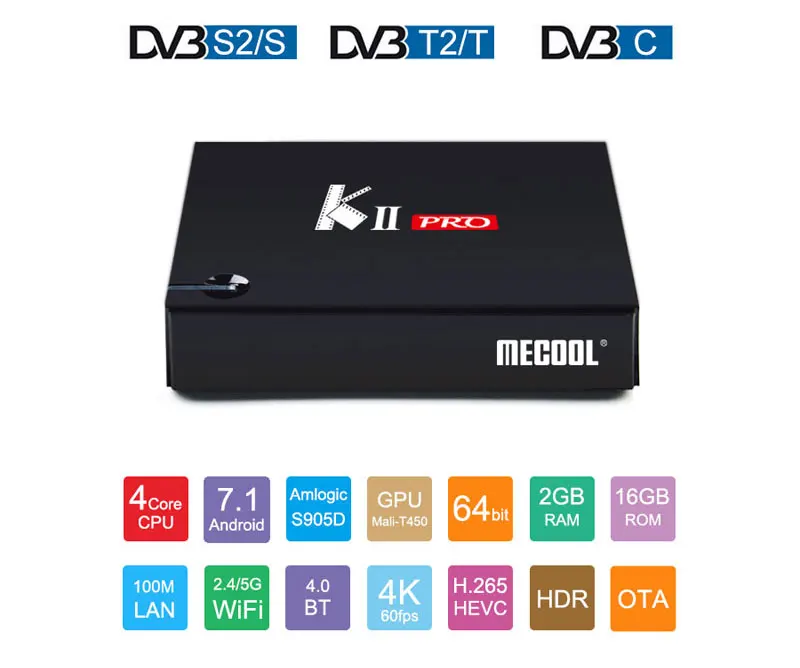 MECOOL KII Pro Android Tv Box DVB-T2 и DVB-S2 Amlogic S905D 1000M 2G DDR4 16G Rom Android 7,1 Tv Box K2 PRO BT4.0 4K H.265 плеер