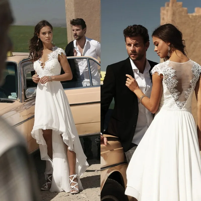 

Sexy Hi Lo Wedding Dress 2019 Cap Sleeves Lace Chiffon Beach Bridal Gowns Vestido De Novia