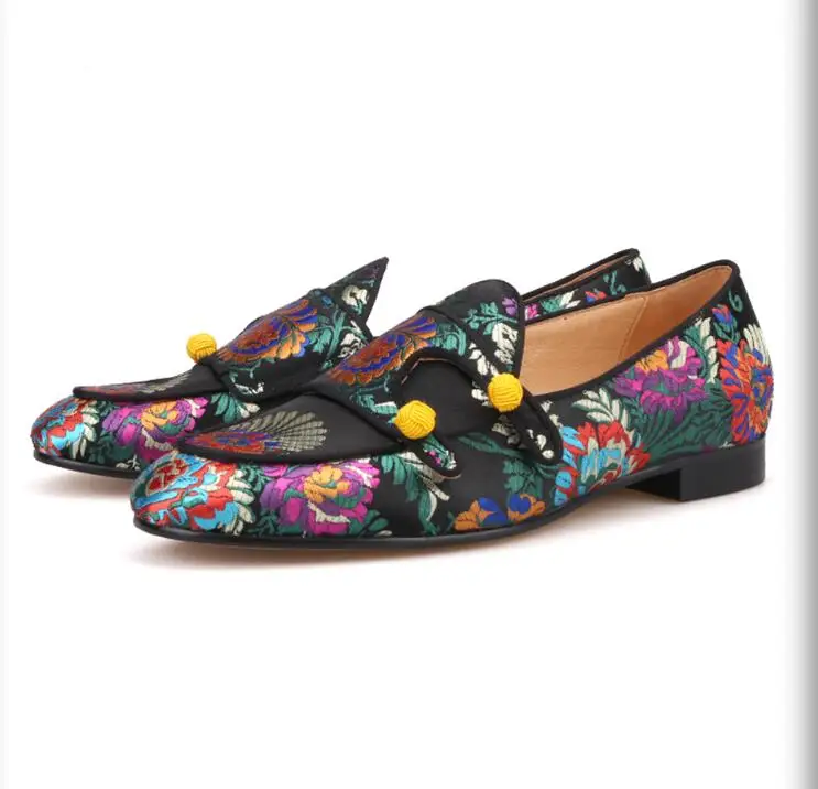 Sexy Men Wedding Shoes Satin Floral Embroidered Loafers Double-Monk Flats Jacquard Silk Shoes Slip On slippers Party Men