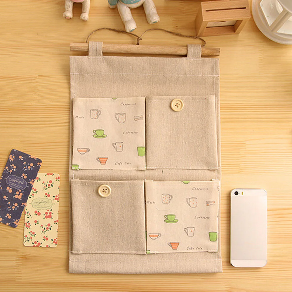 Behogar القطن الكتان 4 جيوب القطن الكتان حقيبة تخزين قابلة للحمل الحائط خزانة حديقة معلقة الجدار الحقيبة التجميل لعبة المنظم