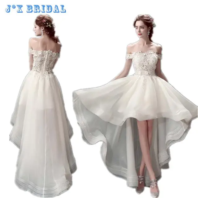 2017 Lace Boat Neck White Wedding Bride Dress Front Short Back 2017 Lace Boat Neck White Wedding Bride Dress Front Short Back Long Elegant Small Tail