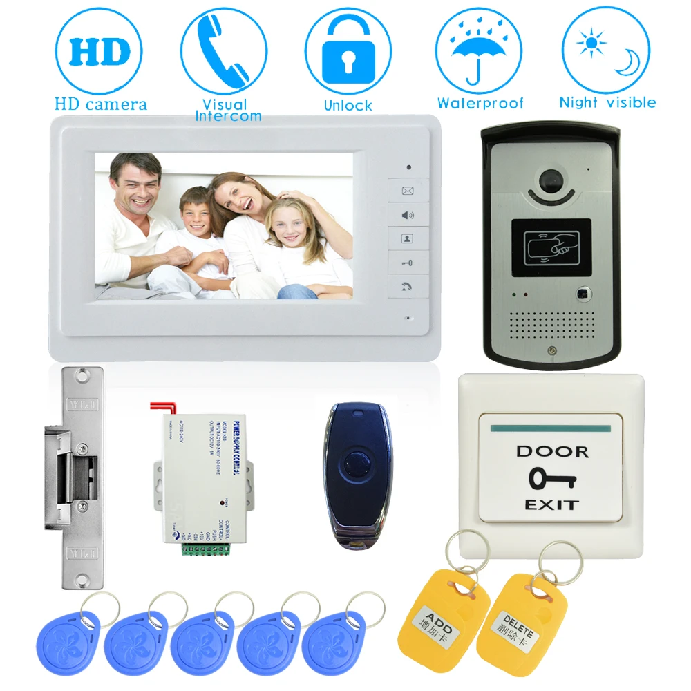

(1 set) 7 Inch Video Doorphone Door Bell Home Intercom system Color Monitor Access Control Exit button Remote Unlock RFID key