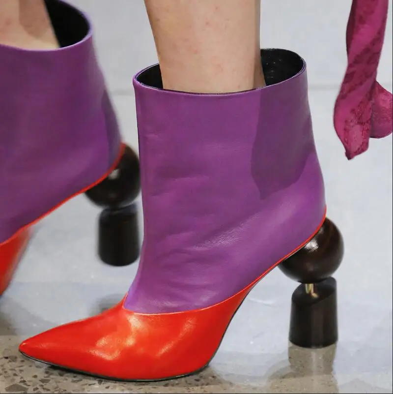 

Pointed Toe Woman Leather Boots Geometric Wood Patchwork Heels Autumn Spring Women Ankle Boot Slip-on Shoes Heels Plus Size 42