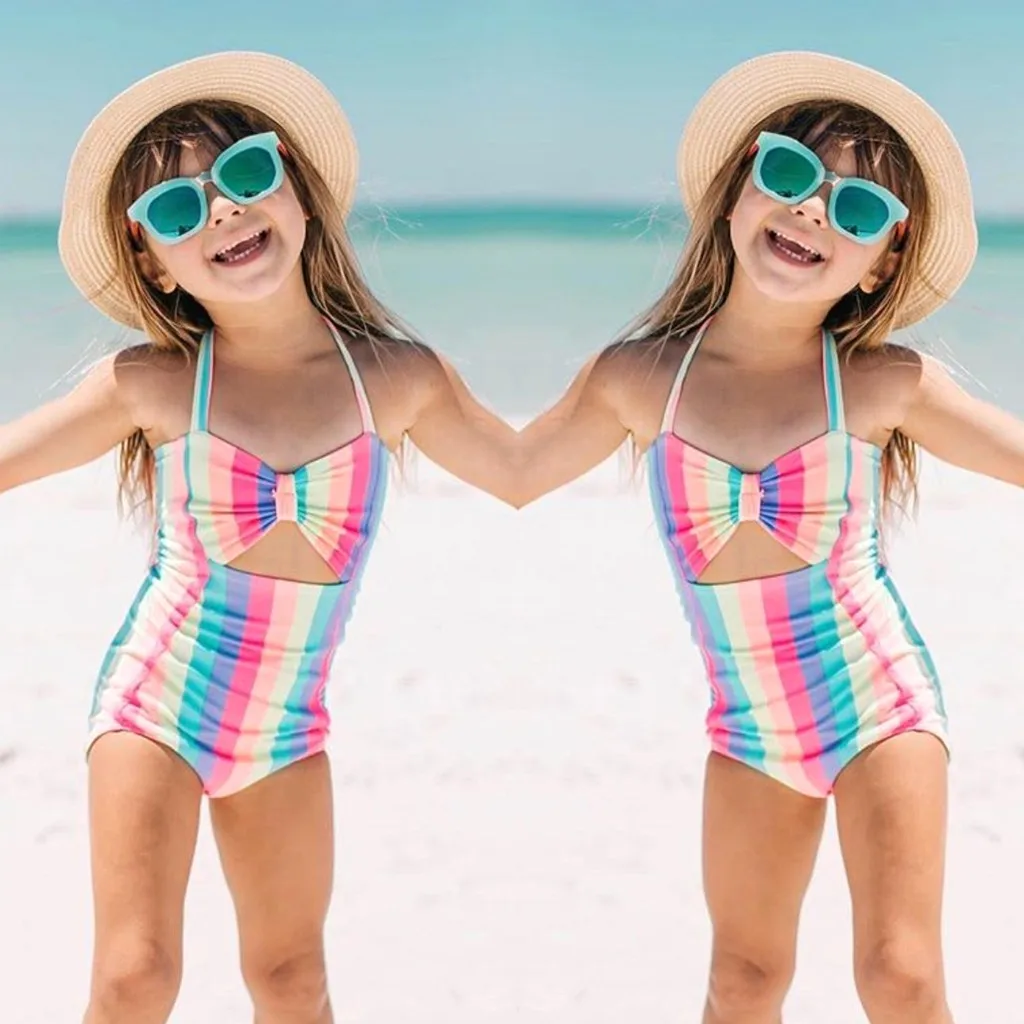 Лидер продаж года; цельный купальник-бикини для маленьких девочек с бантиком и радугой; купальный костюм; Монокини; купальный костюм; пляжная одежда