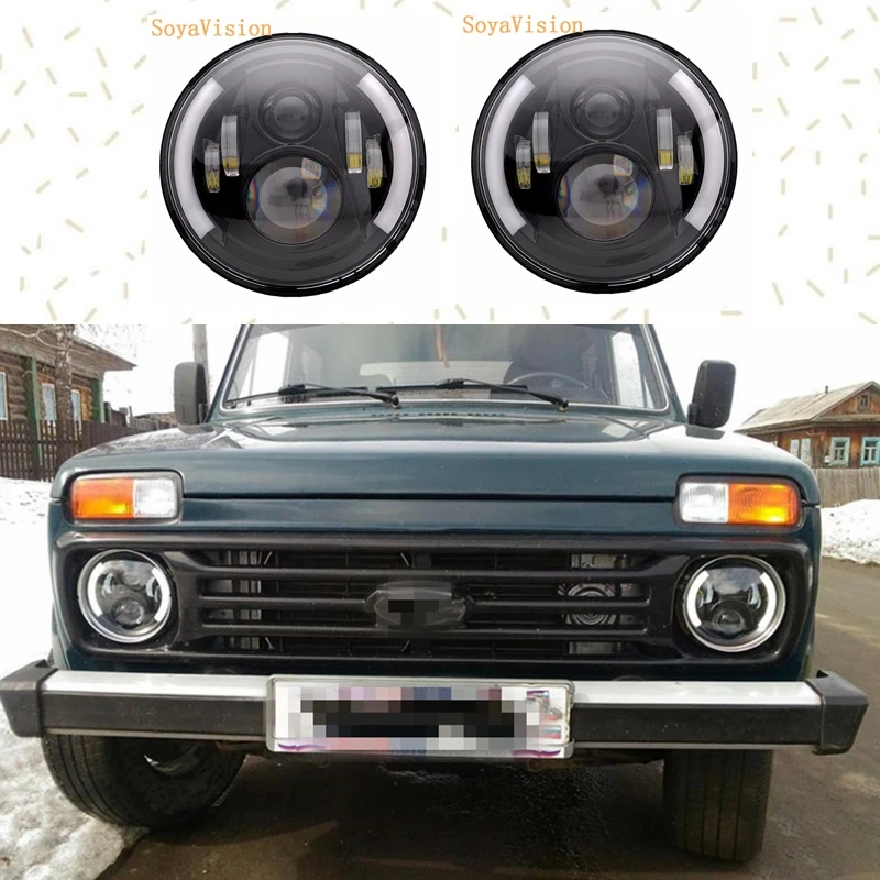 

2pcs black 7 Inch Round H/Low lm LED Headlight For Lada 4x4 urban Niva For Jeep Wrangler JK Hummer Land rover defender VAZ 2101