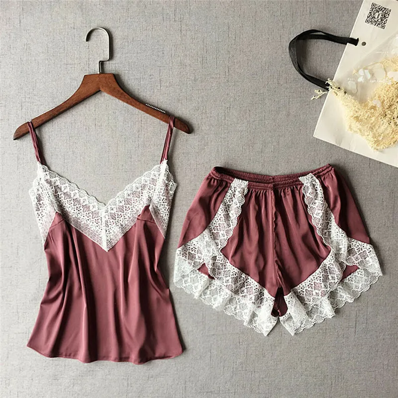 

2pcs Women Satin Lace Sleepwear New Sexy Soild Color Nightdress Ladies' V-neck Fashion Pajamas Set Strappy Camisole Shorts Hot