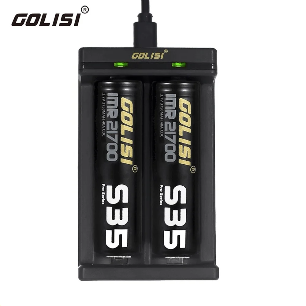 

Golisi 2 Slots Rechargeable Battery Chargers Needle 2 Chargers With USB Power Port 5V 1A for 18650 26650 21700 Li-ion Battery