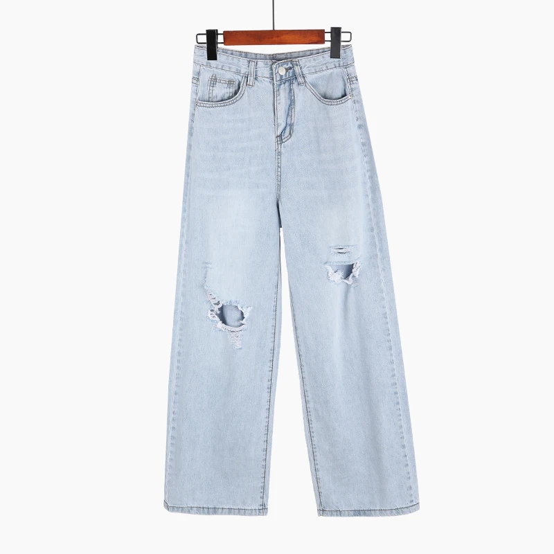 

Spring Autumn Women High Waist Denim Wide Leg Jeans Fashion Streetwear Ripped Hole Washed Jeans Trousers