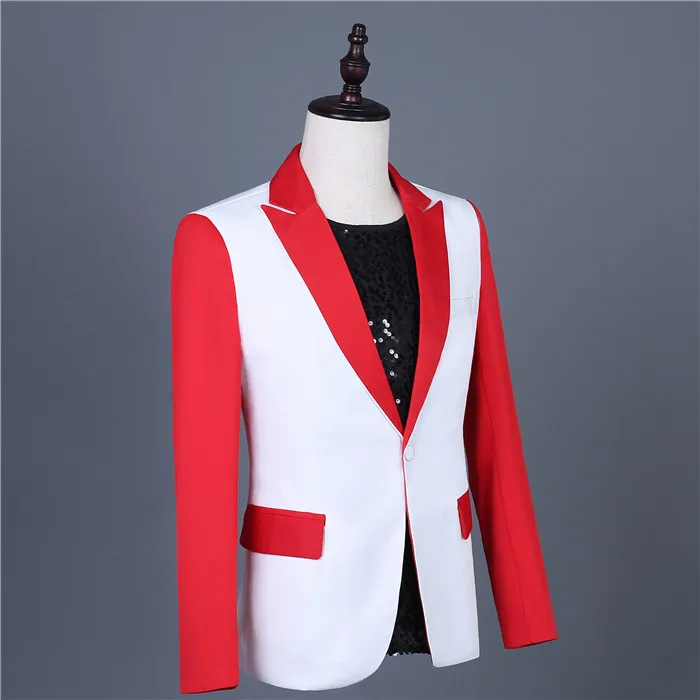 Red-White Stitching Blazers Set One Button Slim Fit Tuxedo Suit Men's Wedding Groomsmen Dress Singer Group Performance Costumes