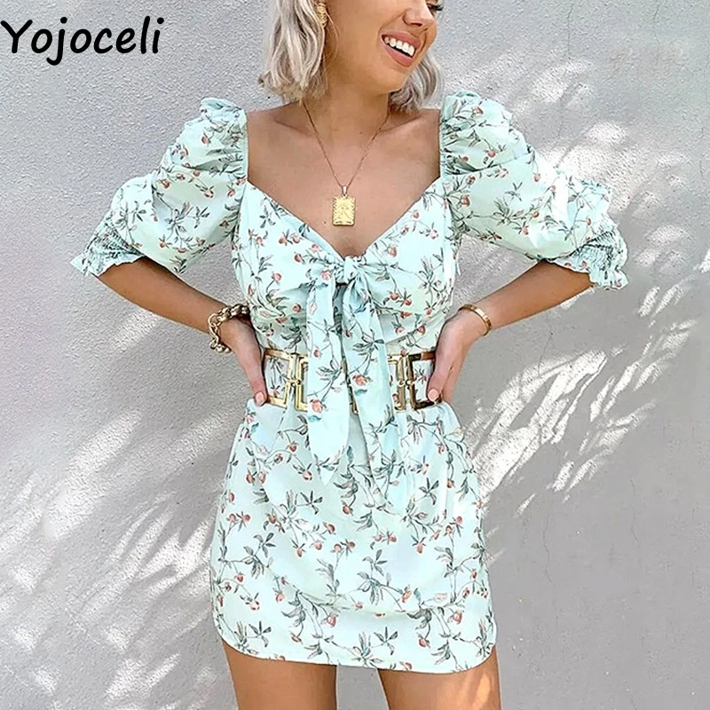 

Yojoceli Elegant party bow print dress women Autumn bodycon short dress female Casual beach mini dress vestidos