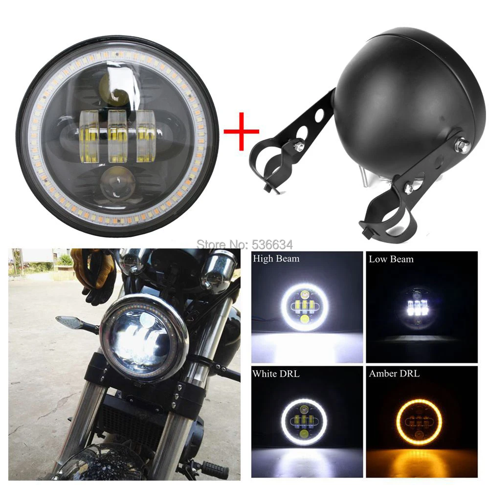 

5.75 Inch Led Headlamp H4 Hi/Low Beam with DRL White/Amber Matching Led Headlight Housing for Motorbike Softail Deluxe