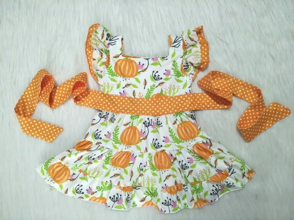 

Wholesale/retail pumpkin dress baby girls dotted strap flying sleeve fall style kids casual children's clothing gxj