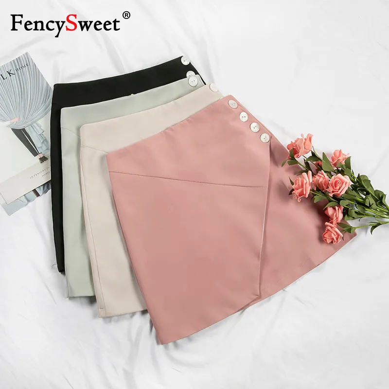 Fencysweet/необычные женские мини юбки с высокой талией, однобортная Летняя короткая юбка, тонкая линия, однотонная Повседневная Женская юбка