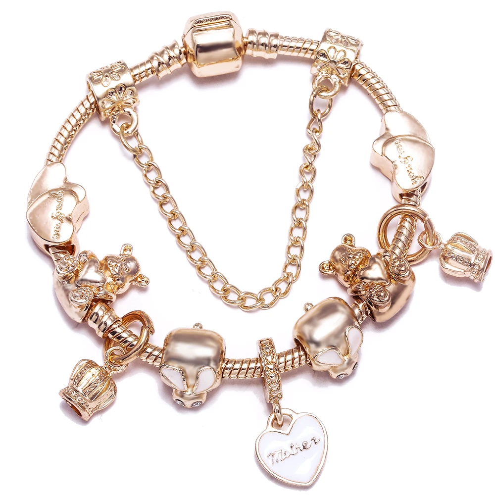 

New Rose Gold Winnie Boy Pooh Bunny Rabbit Love Beads Bracelets For Women DIY Original Franc Crown Charm Bracelet Bangle Gift