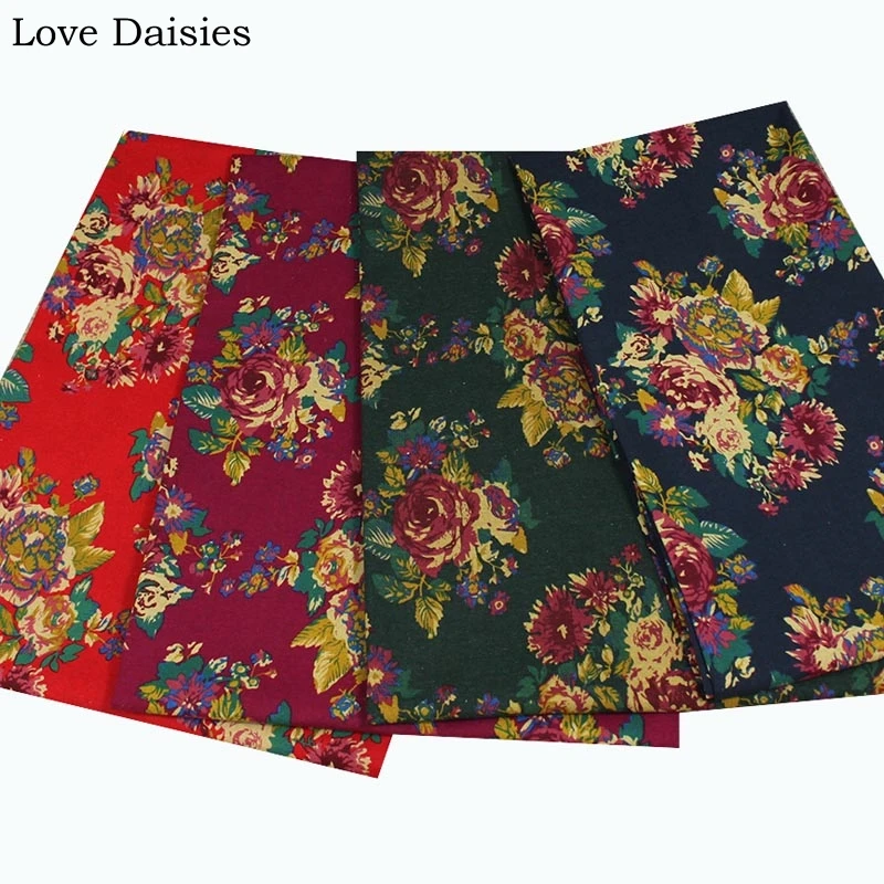 

Cotton/Linen Ethnic DARK BLUE GREEN RED FUCHSIA Big Peony Flower Fabric for Cushion Curtain Home Decor Tablecloth Apparel Dress