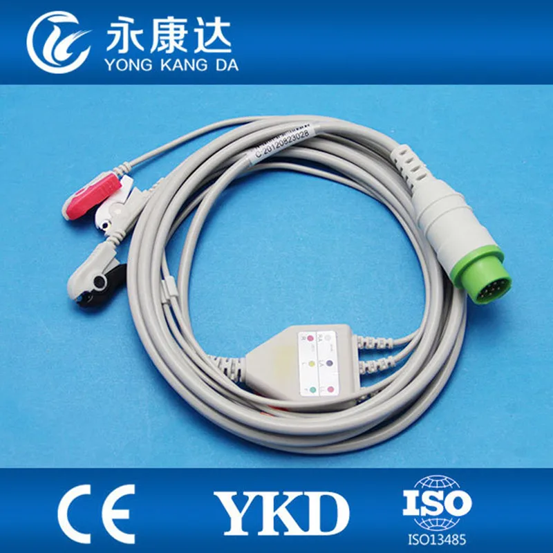 

3pcs/lot Kontron one-piece 3-lead AHA clip ecg cable for patient monitor with medical TPU,CE&ISO13485,free shipping