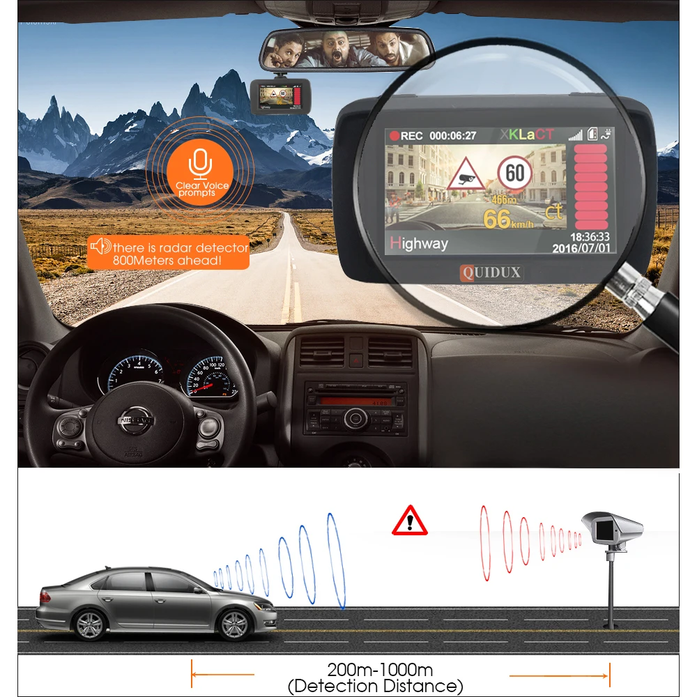 QUIDUX Russian Radar Detector GPS 3 in 1 Car DVR LDWS Full HD 1080P Video Camera Recorder Speedcam 1296P Dashcam Radar detect