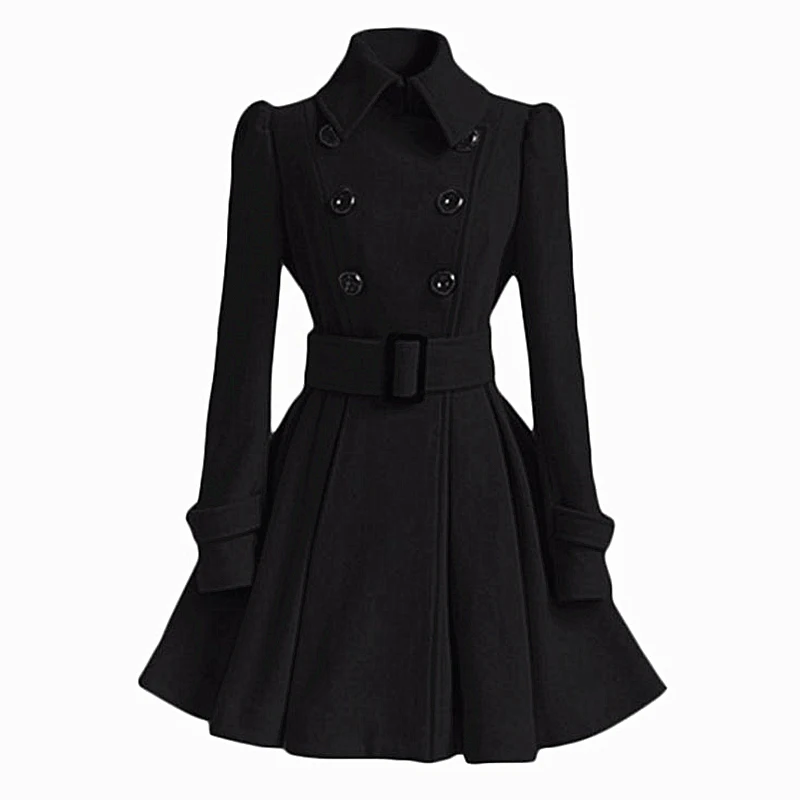 Женское пальто средней длины, модное классическое двубортное пальто с поясом, утолщенное пальто высокого качества, повседневная верхняя одежда - Цвет: Black