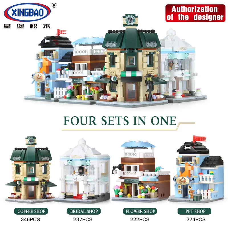 

XingBao 01105 1079Pcs The Coffee Shop Wedding Store Flower Shop Pet Shop Set 4 in 1 Building Blocks Bricks LegoINGlys City