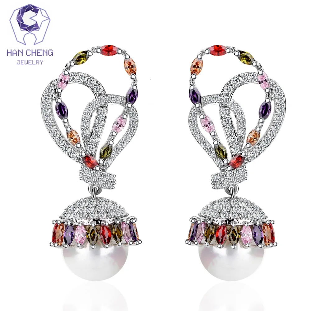 

HanCheng New Luxury Silver Plated Dangle Hanging Long CZ Zircon Gem Stone Pearl Drop Earrings For Women Jewelry brincos bijoux