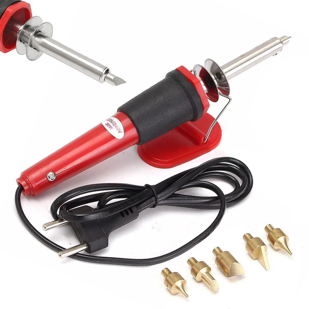 7pcs 30W Pyrography Tool AC 220-240V Electric Soldering Iron Engraving Pen Kit Set with Interchangeable Brass Tips
