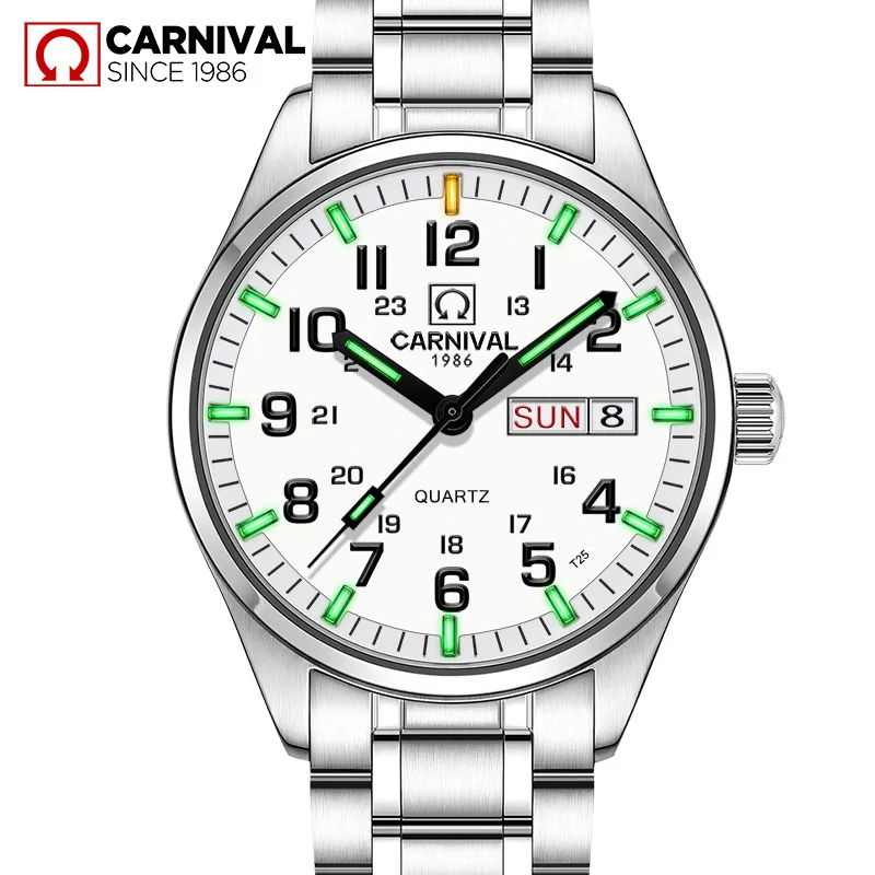 Quartz movement Double calendar Date Tritium Luminous military watch waterproof 30M CARNIVAL Luxury Business Watches Mens