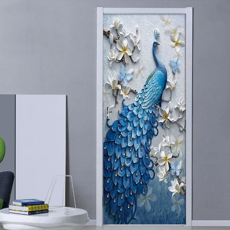 

2Pcs/Set Embossed Oil Painting Peacock Wall Door Sticker Self-adhesive Waterproof Wallpaper Decals Home Decor Door Wall Sticker