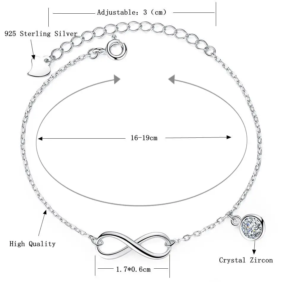 Модный, 925 пробы, серебряный, кристалл, циркон, бесконечность, очаровательный браслет, регулируемая цепочка, браслет для женщин, свадебное ювелирное изделие, подарок