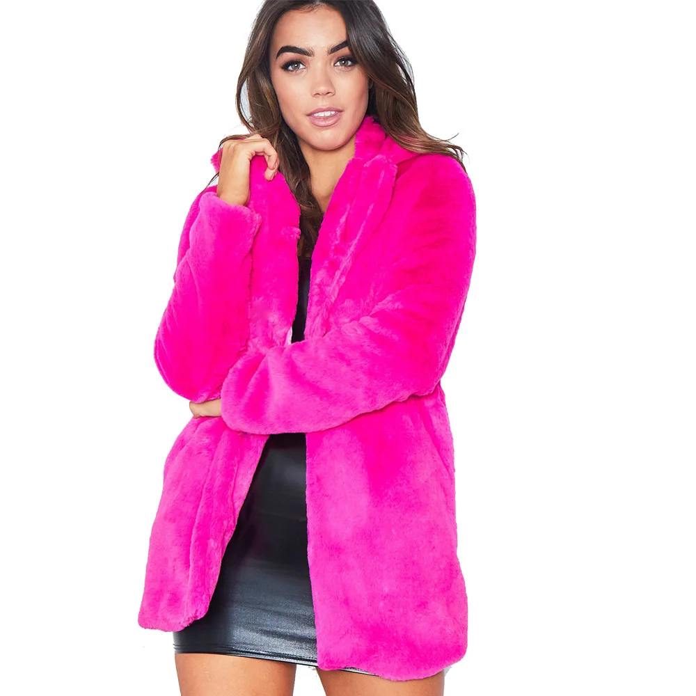 Женское пальто из искусственного меха с длинным рукавом, толстые теплые куртки размера плюс, зимнее пальто черного, желтого, розового, красного цвета - Цвет: rose red