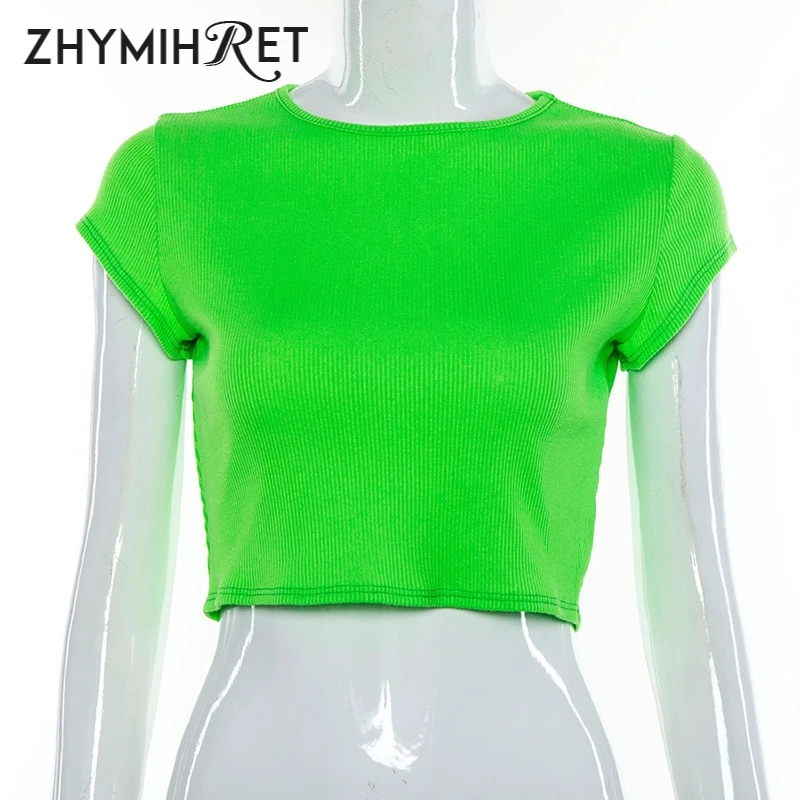 ZHYMIHRET неоновая зеленая женская футболка с круглым вырезом и коротким рукавом