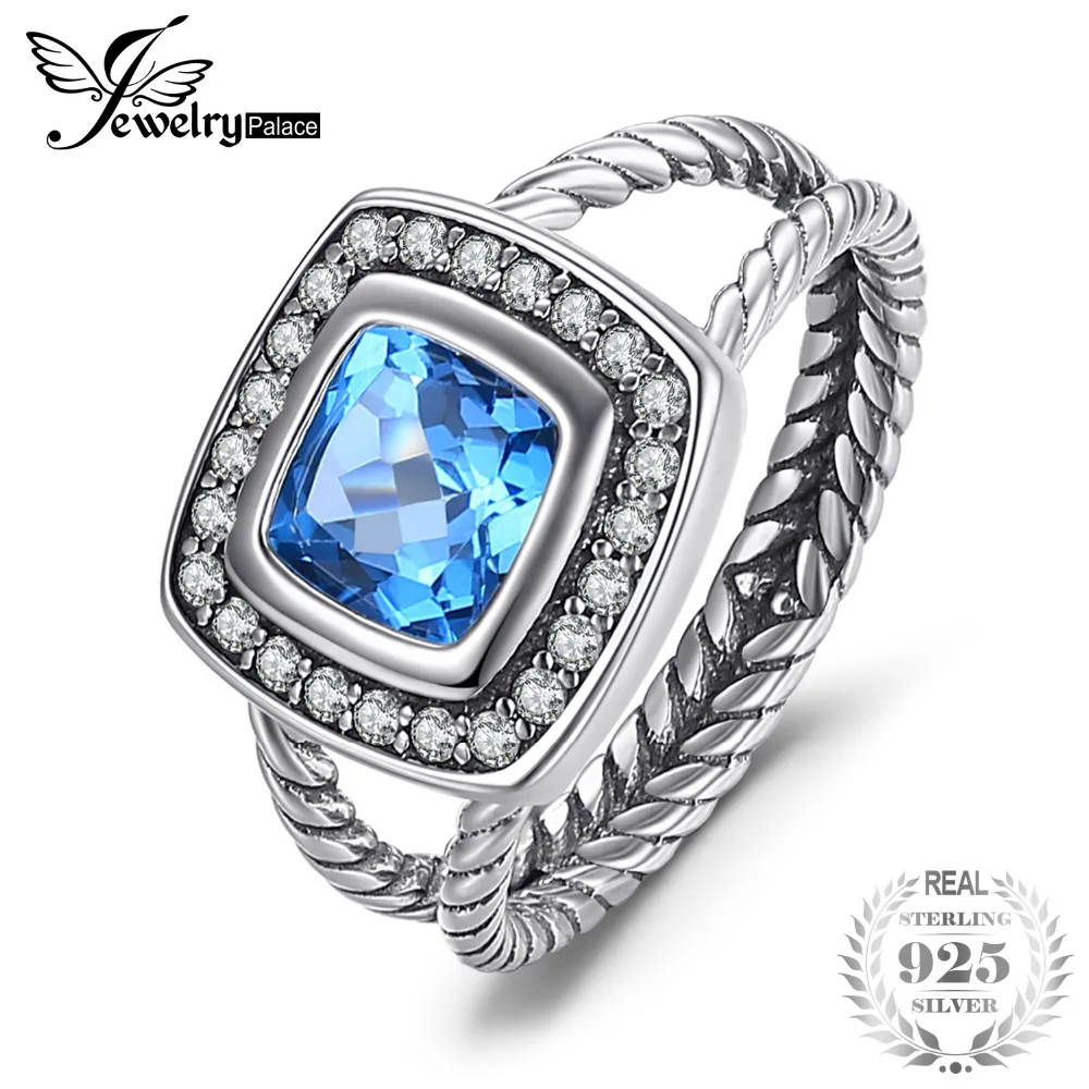 

JewelryPalace Vintage 2.2ct Cushion Genuine Swis Blue Topaz Rope Halo Fine Ring 925 Sterling Silver Ring for Women Free Shipping