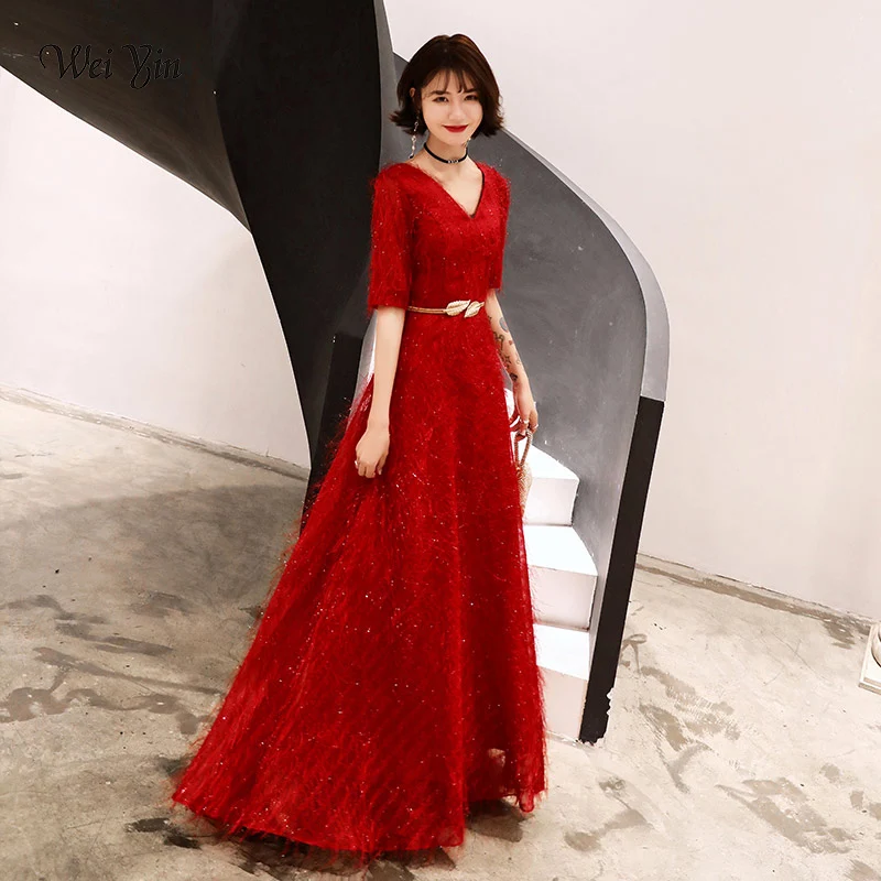 Wei yin 2019 Новые Длинные вечерние платья с коротким рукавом женские Дешевые Кружевные красные черные белые с v-образным вырезом официальные