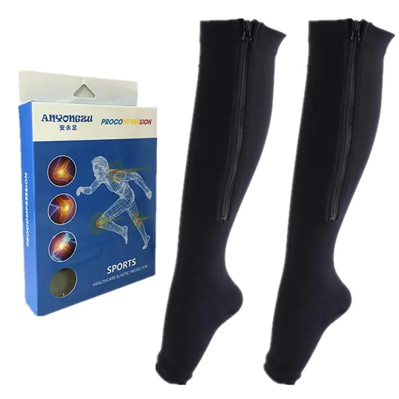 Для мужчин и женщин, профессиональные медицинские компрессионные носки, нейлоновые эластичные защищающие икры, шагающие ноги, с открытым носком, гольфы высокого давления - Цвет: Black