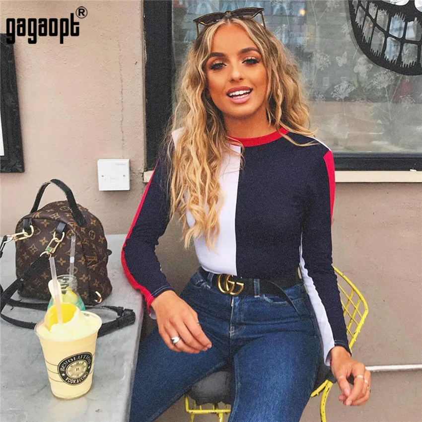 Cena Gagaopt 2018 Jesień Bodycon Body Z Długim Rękawem Kontrast Kolor Sexy Body Kobiety O Neck Body Elegancki Kombinezon Kombinezony