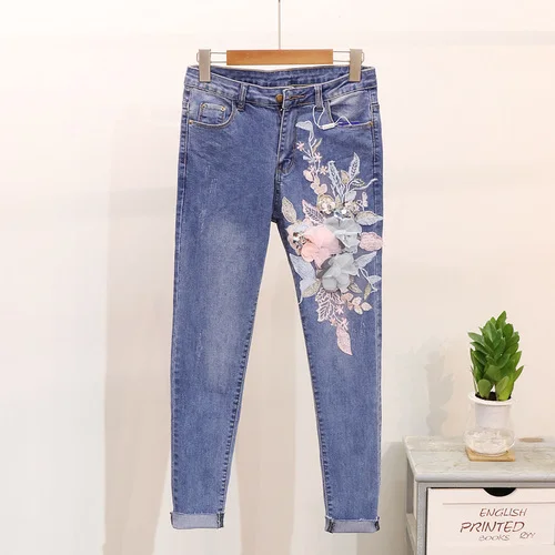 Осень, длинные джинсы для женщин, новые узкие брюки-карандаш с тяжелой вышивкой, брюки для девушек, студенческая мода, синие джинсы, верхняя одежда - Цвет: 9232