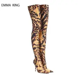 Новые сапоги выше колена с леопардовым принтом «луг», «Кокосовая пальма», Botas Mujer, женские ботильоны на высоком каблуке с острым носком