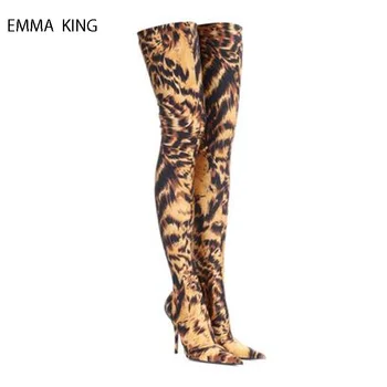 

New Leopard Print Grassland Coconut Tree Botas Mujer Over The Knee Boots Pointed Toe High Heels Ankle Boots for Woman Shoes