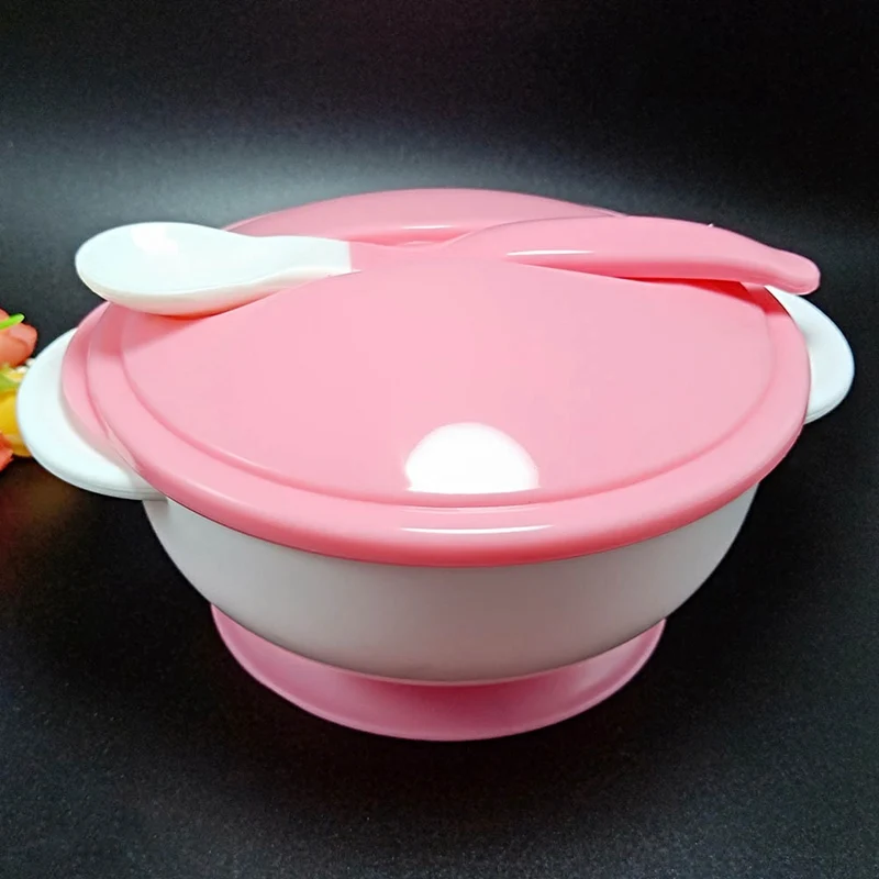 Детская посуда на присоске, миска на присоске для кормления детей, обучающая тарелка для малышей, ложка, подарок, противоскользящая посуда, обучающая - Цвет: PK