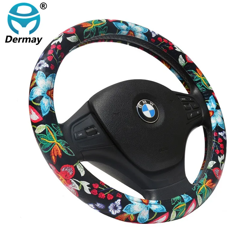 DERMAY/милый чехол на рулевое колесо из искусственной кожи с цветочным принтом для девочек, женский стиль автомобиля, подходит для 14-1" рулевого колеса