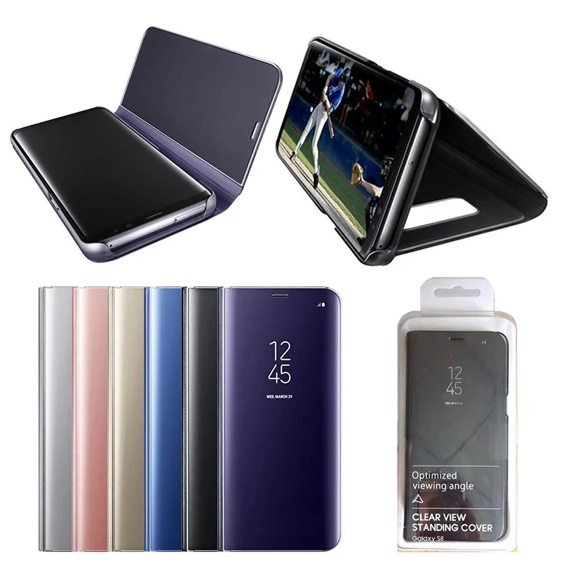 

200PCS For S10 plus S10e S7 edge Huawei P30 P30pro Smart Kickstand Mirror clear View Flip Cover for iPhone 11 Probable X XR MAX