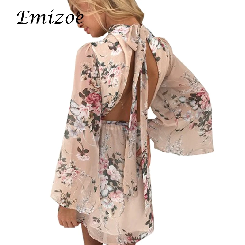 

Emizoe sexy floral pring dress women new spring bow beach boho dress 2018 backless mini short dress